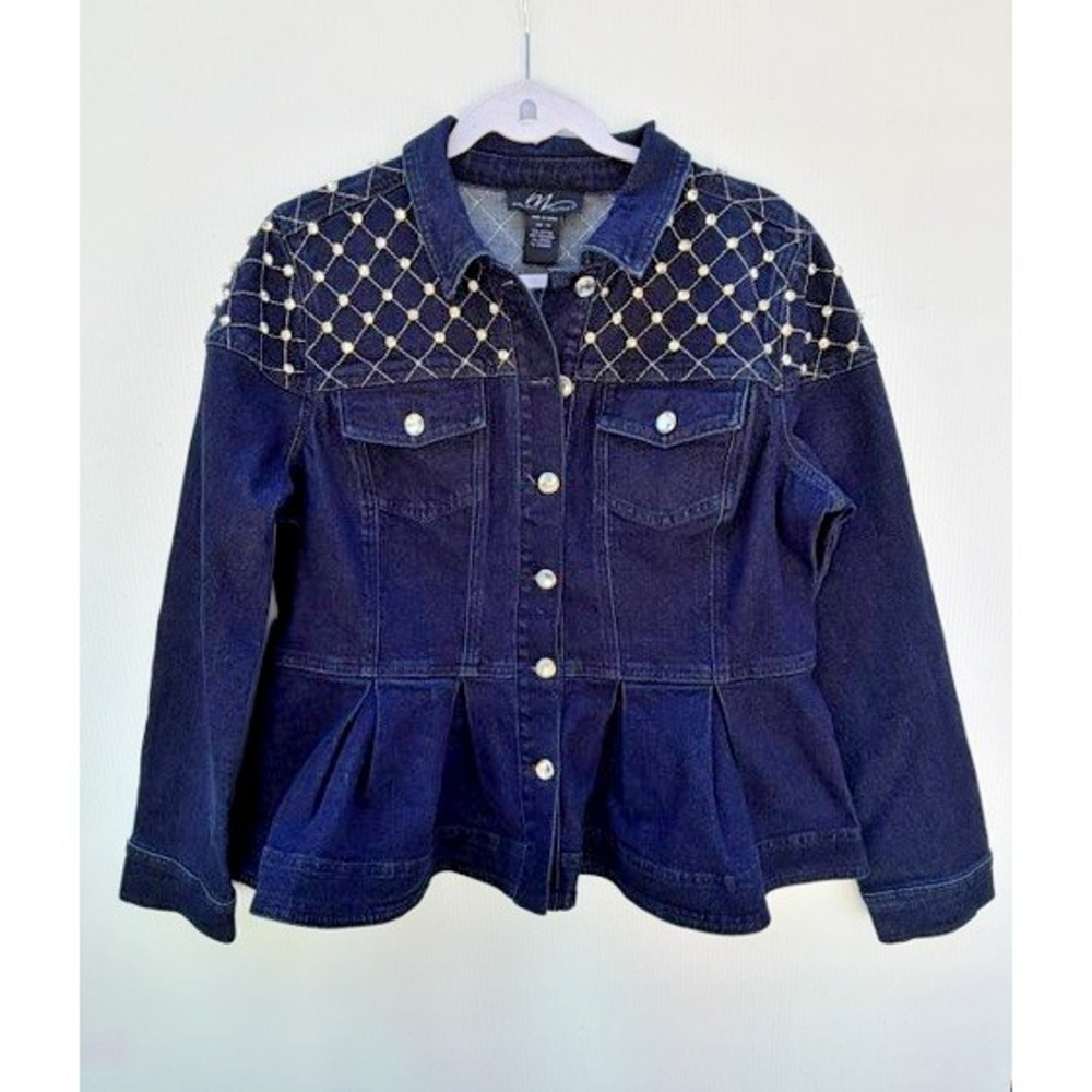 Midnight Velvet Jacket Womens 14 Dark Denim Peplum Rhinestone Pearl Studded Y2K